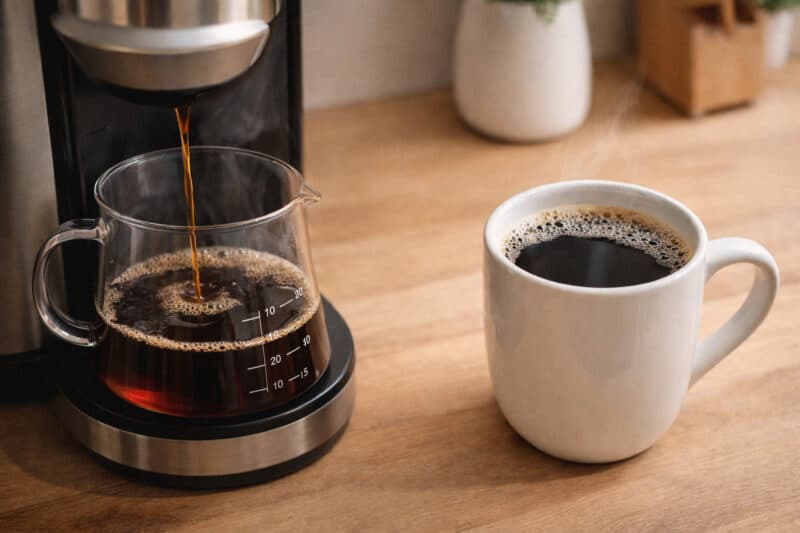 Coffee brewing into a glass carafe beside a ceramic mug on a wooden countertop, showing a plastic-free coffee setup using reusable materials.