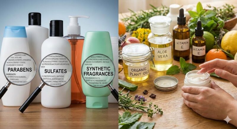 A split-screen photograph comparing beauty products. The left side shows plastic bottles with magnifying glasses highlighting 'PARABENS,' 'SULFATES,' and 'SYNTHETIC FRAGRANCES' on their labels. The right side shows glass jars and bottles with handwritten labels for 'ORGANIC PLANT OILS,' 'ALOE VERA,' and 'VITAMIN E,' surrounded by fresh herbs, citrus fruits, and a person's hands applying a cream.