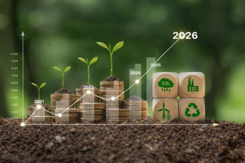 Stacks of coins with growing plants and ESG icons showing sustainable investing growth from 2021 to 2026, illustrating long-term financial returns aligned with environmental values.
