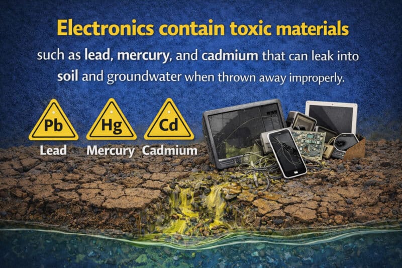 Square educational video about e-waste recycling showing phones, laptops, tablets, and monitors with on-screen messages encouraging responsible electronics disposal and environmental protection.