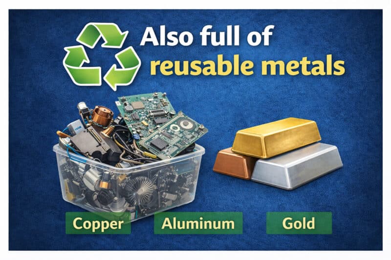 Graphic showing a bin of electronic components labeled “Also full of reusable metals,” alongside gold, aluminum, and copper bars, illustrating how e-waste contains valuable recyclable materials.