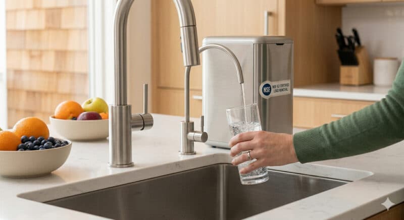 A close-up of a bright, modern kitchen counter featuring a stainless steel sink and a dedicated point-of-use water filter. A woman's hand is filling a clear glass with water from the filter's small dispenser faucet. The sleek filtration unit sits on the counter and displays an NSF certification label. Bowls of fresh fruit are visible in the background.