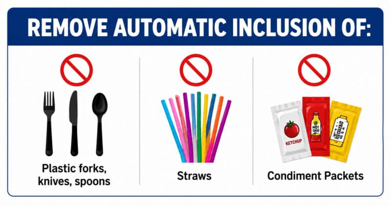 Infographic showing three columns with plastic utensils, straws, and condiment packets marked with prohibition symbols, indicating they should not be automatically included under New Jersey’s Skip the Stuff law.