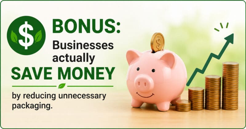 Infographic showing a piggy bank with stacked coins and an upward arrow, illustrating how businesses save money by reducing unnecessary packaging under the Skip the Stuff law.