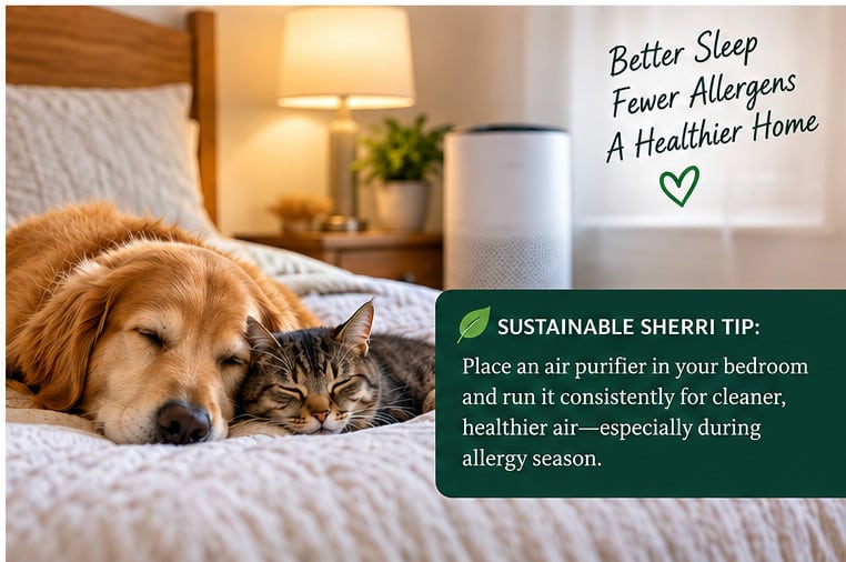 Dog and cat sleeping in a bedroom with a portable air purifier running to help reduce airborne allergens.