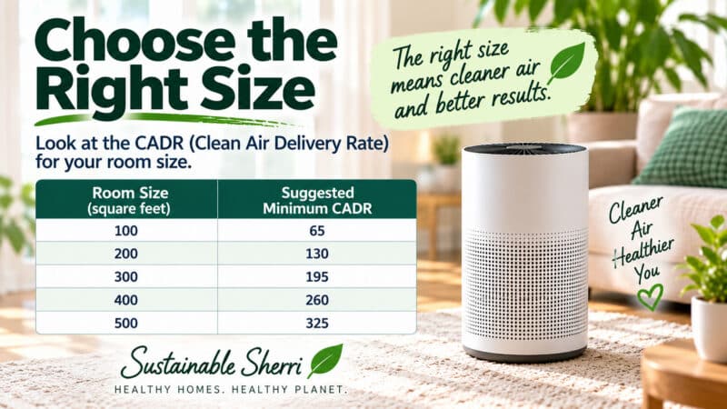 16:9 infographic showing how to choose the right air purifier size using CADR, with a room size chart and portable air purifier in a living room.