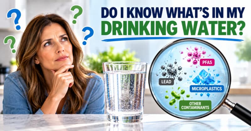 Woman looking thoughtfully at a glass of drinking water beside a magnifying glass illustrating potential hidden contaminants, including PFAS forever chemicals, lead, and microplastics.