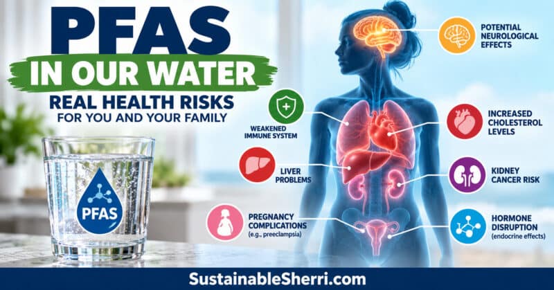 PFAS drinking water health risks infographic illustrating potential effects on the brain, immune system, liver, kidneys, cholesterol levels, hormones, and pregnancy.