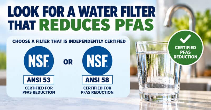 Infographic explaining how to choose a drinking water filter independently certified under NSF/ANSI 53 or NSF/ANSI 58 specifically for PFAS reduction, with a glass of water and certification symbols.