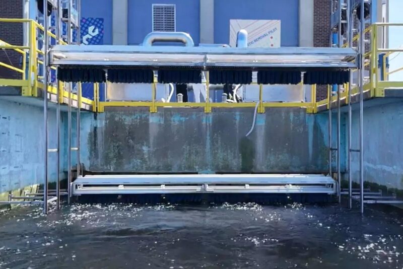 PolyGone microplastic filtration system with artificial root filters suspended above wastewater at the ACUA treatment facility in Atlantic City, NJ.