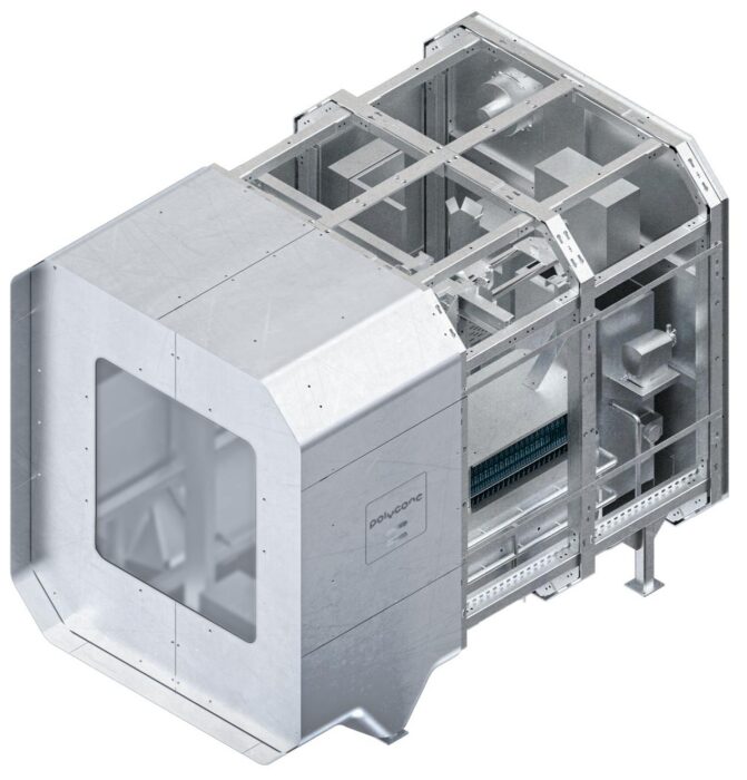 3D rendering of PolyGone's PolyPod microplastic filtration system, designed to capture microplastic particles from wastewater before they enter waterways.