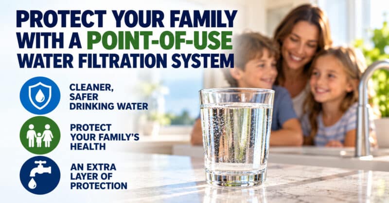 Infographic showing a mother and two children in a kitchen with a glass of drinking water, highlighting how point-of-use water filtration can help reduce contaminants and protect family health.